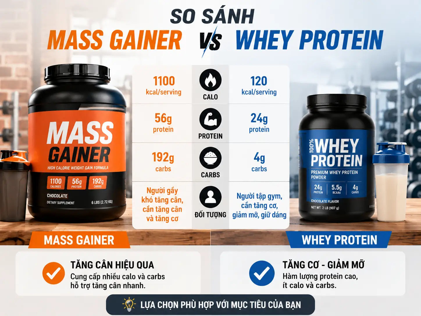 So Sánh Mass Gainer Và Whey Protein Khác Biệt BauGym