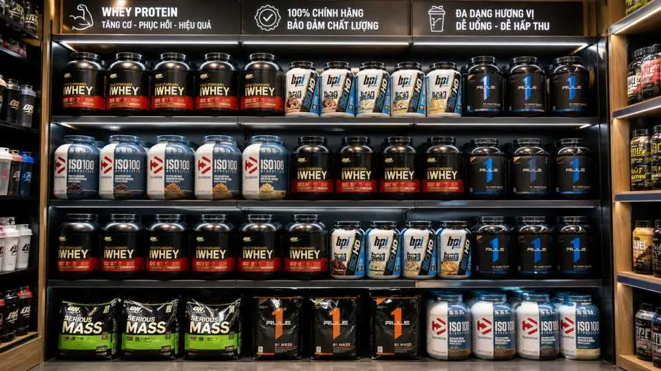 Các loại hộp whey protein khác nhau trên kệ