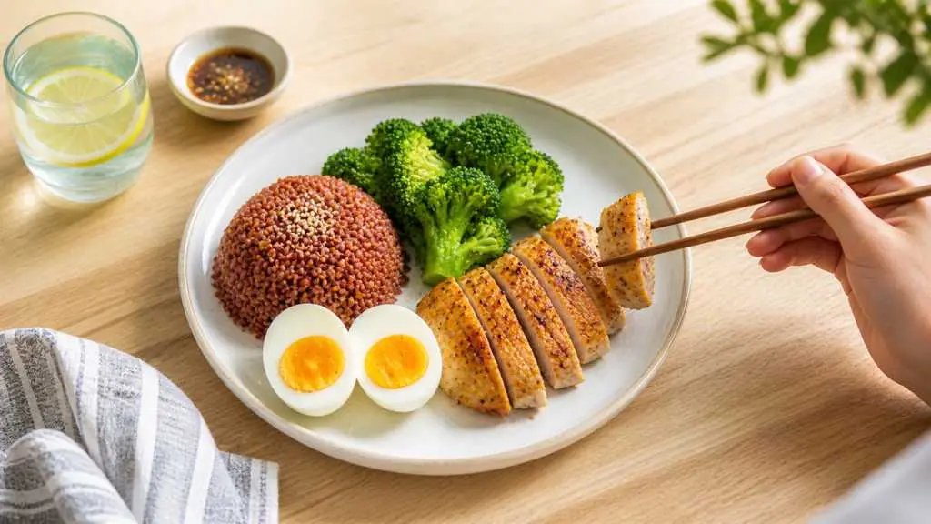 Người mới tập đang ăn một bữa ăn đầy đủ protein từ thực phẩm tự nhiên