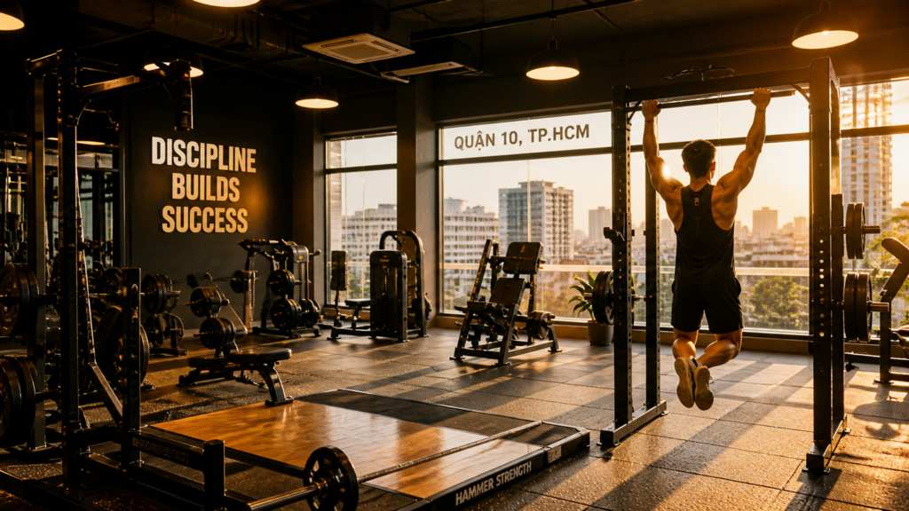 Phòng gym đầy đủ dụng cụ, một người đang tập tạ