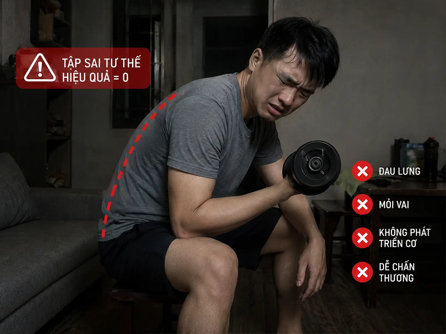 Người đàn ông tập tạ đơn tại nhà không hiệu quả
